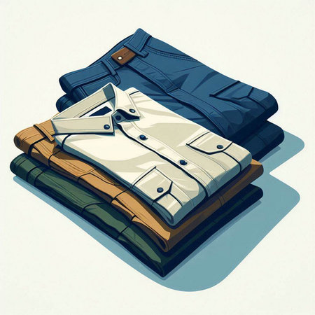 Illustration of a set of folded shirts on a white background.のイラスト素材