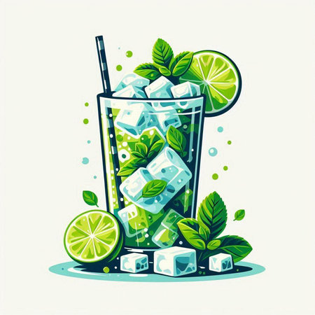 Mojito cocktail with lime, mint and ice. Vector illustration.のイラスト素材