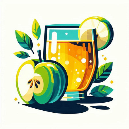 Apple juice in a glass with slices of apple and leaves. Vector illustration.のイラスト素材