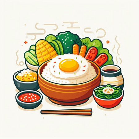 Illustration of a bowl of rice with fried egg and vegetables.のイラスト素材