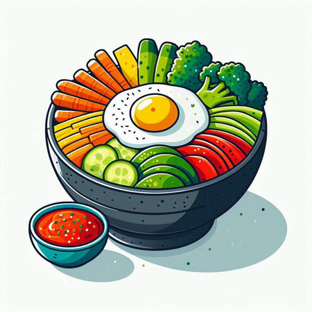 Bowl of healthy vegetable salad with fried egg. Vector illustration.のイラスト素材