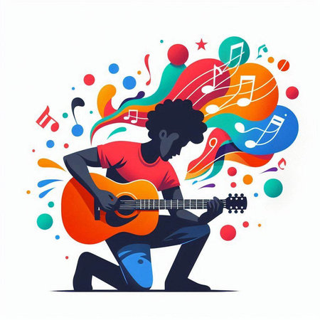 Guitar player. Colorful music background. Vector illustration.のイラスト素材