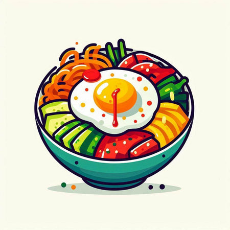 Bowl of noodle with fried egg and vegetables, vector illustrationのイラスト素材