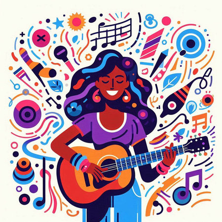 Colorful vector illustration of a girl playing guitar and singing. Music poster.のイラスト素材