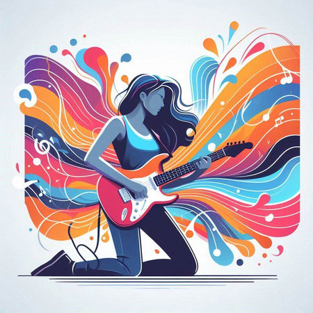 Vector illustration of a girl playing the electric guitar on colorful background.のイラスト素材