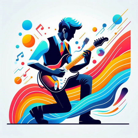Vector illustration of a man playing the electric guitar on a colorful backgroundのイラスト素材