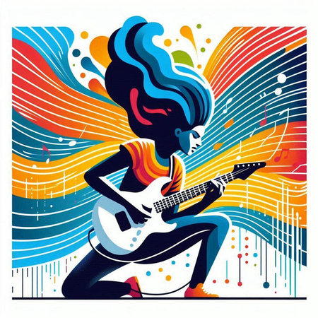 Vector illustration of a girl playing the electric guitar on a colorful backgroundのイラスト素材