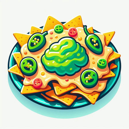 Mexican nachos with guacamole and tomato, vector illustration.のイラスト素材