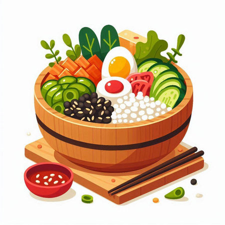 Bowl of rice with vegetables and egg. Vector illustration in cartoon style.のイラスト素材