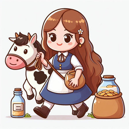 Illustration of a cute little girl with a cow and a bottle of milkのイラスト素材