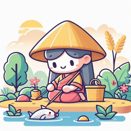 Vector illustration of a cute little monk in the rice terraces.のイラスト素材