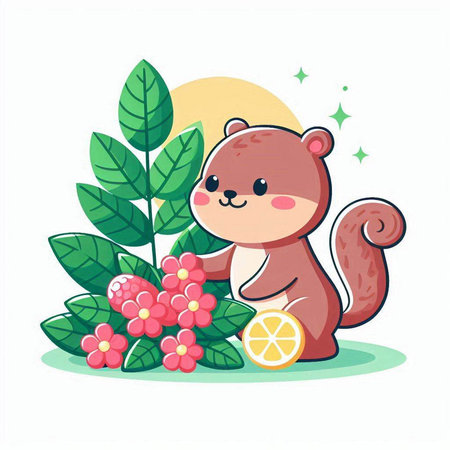 Cute cartoon chipmunk sitting on a branch of a tree and holding a lemon.のイラスト素材