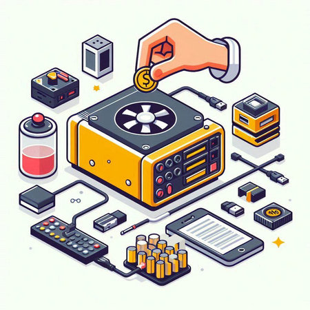 Electronic equipment isometric composition with hand and computer processor vector illustrationのイラスト素材