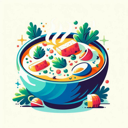 Vector illustration of a bowl of soup with cream, cheese and vegetablesのイラスト素材