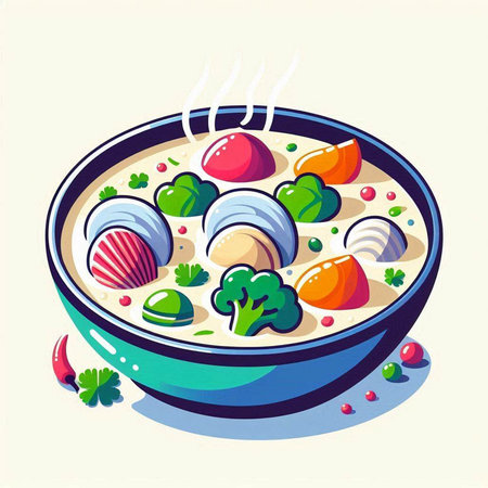 Illustration of a bowl of Japanese miso soup with vegetables and seafoodのイラスト素材