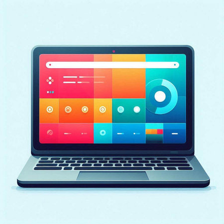 Laptop with colorful application icons on the screen. Vector illustration.のイラスト素材