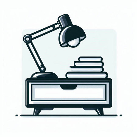 Desk lamp and stack of books on bedside table. Flat style vector illustration.のイラスト素材