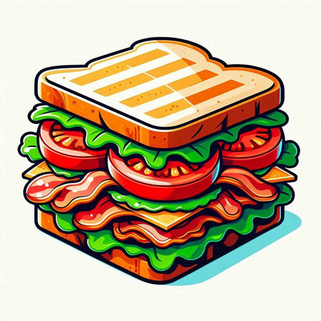 Sandwich with ham, cheese, tomato and lettuce. Vector illustration.のイラスト素材