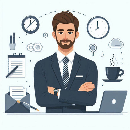 Businessman in office. Vector illustration in a flat style. Business conceptのイラスト素材