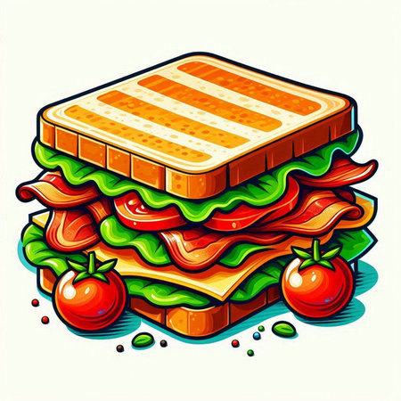 Sandwich with ham, cheese, tomatoes and lettuce. Vector illustration.のイラスト素材