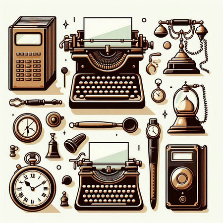 Vintage typewriter, phone, clock and other objects. Vector illustration.のイラスト素材