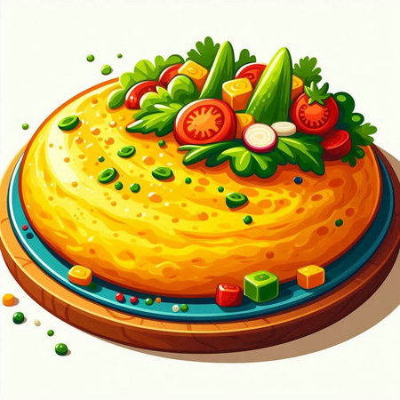 Illustration of a round omelette with vegetables on a white backgroundのイラスト素材
