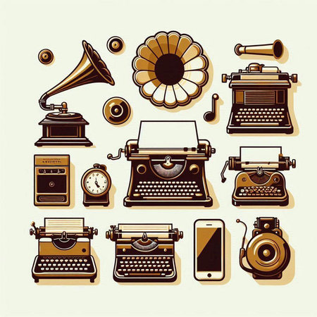 Vintage typewriter and other types of objects. Vector illustration.のイラスト素材