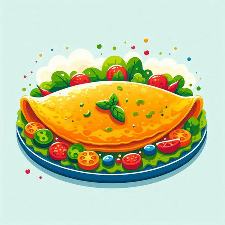 Illustration of a delicious omelette on a plate. Vector illustration.のイラスト素材