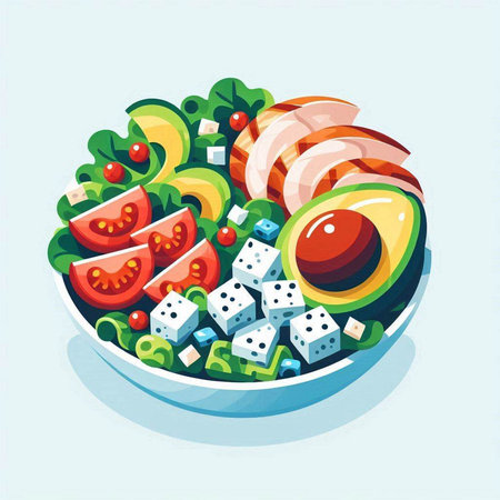 Illustration of a bowl of salad with avocado, tomato, cheese and cucumberのイラスト素材