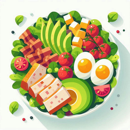 Healthy salad with avocado, eggs and ham. Vector illustration.のイラスト素材