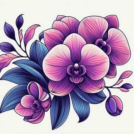 Floral background with orchids. Hand drawn vector illustration.のイラスト素材
