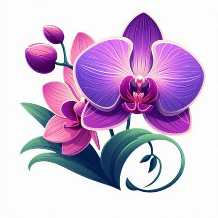 Purple orchid flowers isolated on white background. Vector illustration.のイラスト素材