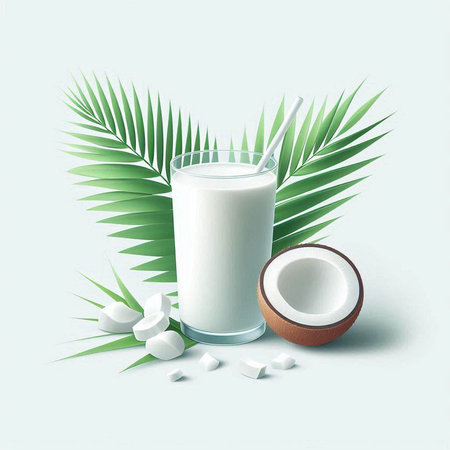 Coconut milk in a glass with coconut and palm leaves. Vector illustration.のイラスト素材