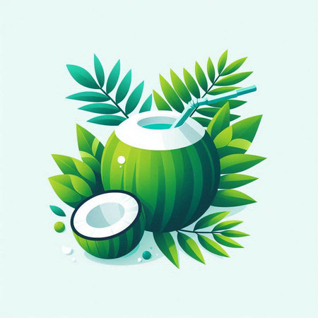 Coconut fruit with leaves and straw. Vector illustration in flat style.のイラスト素材
