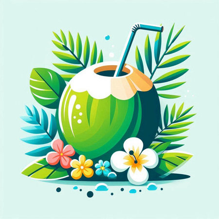 Coconut cocktail with tropical leaves and flowers. Vector illustration.のイラスト素材