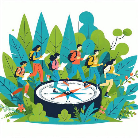 Group of people with compass in the forest. Flat style vector illustration.のイラスト素材