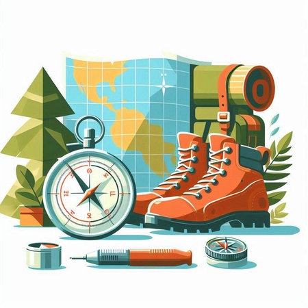 Vector illustration of hiking equipment, compass, map, backpack, boots, compass, binocularsのイラスト素材