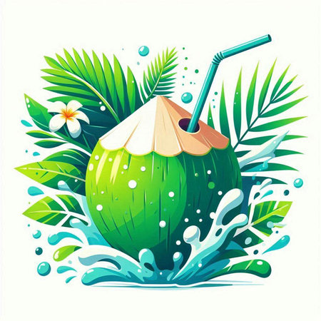 Coconut drink with water splash and palm leaves. Vector illustration.のイラスト素材