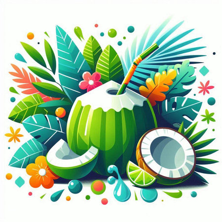 Coconut cocktail with tropical leaves and fruits. Vector illustration.のイラスト素材