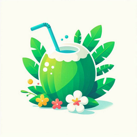 Coconut water drink with leaves and flowers, vector illustration.のイラスト素材