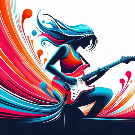 Guitar girl. Abstract colorful background. Vector Illustration.のイラスト素材