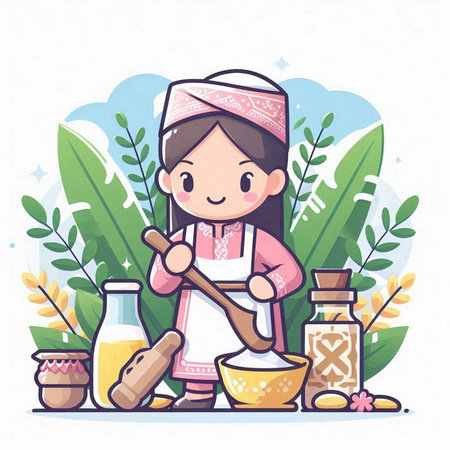 Illustration of a Cute Girl in Traditional Costume Playing Herbal Medicineのイラスト素材