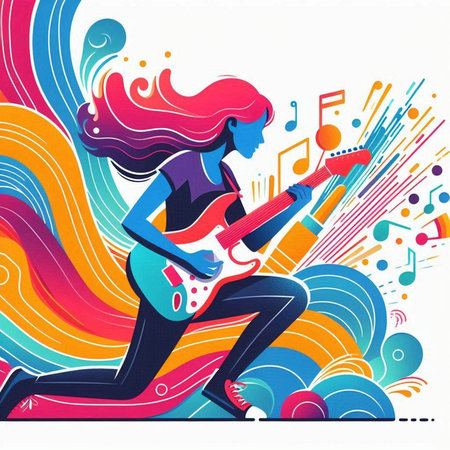 Vector illustration of girl playing the electric guitar on colorful wave background.のイラスト素材