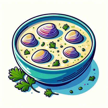 Cream soup with clams and parsley. Vector illustration.のイラスト素材