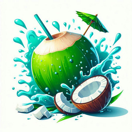 Vector illustration of fresh coconut juice splashing into the water with a strawのイラスト素材