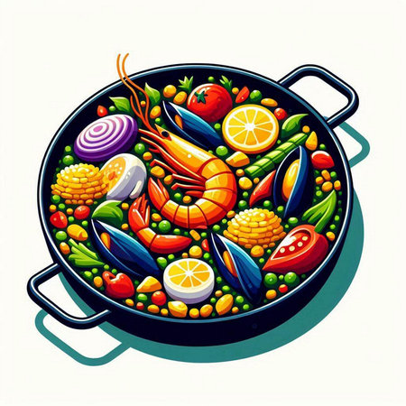 Illustration of a pan with seafood and vegetables on white background.のイラスト素材