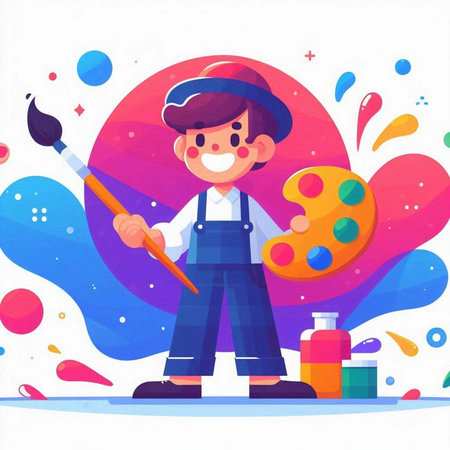 Cartoon boy painter with palette and paintbrush. Vector illustration.のイラスト素材