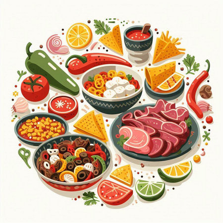 Mexican food background. Vector illustration of mexican food.のイラスト素材