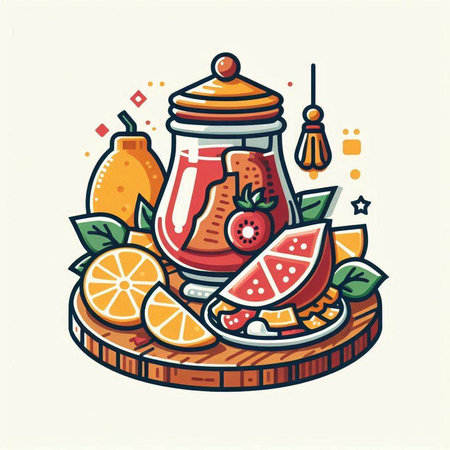 Hand drawn vector illustration of lemonade in a glass jar with ingredients.のイラスト素材