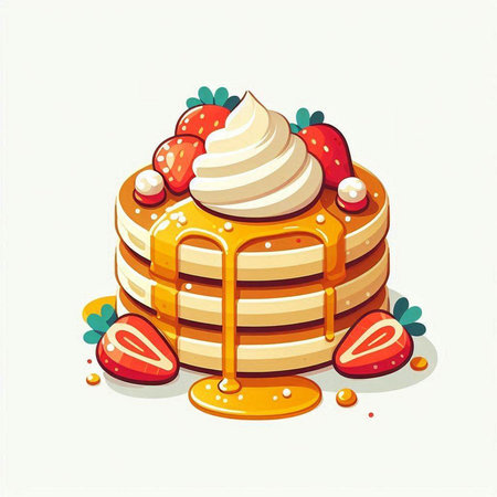 Illustration of a stack of pancakes with cream and strawberries on a white backgroundのイラスト素材